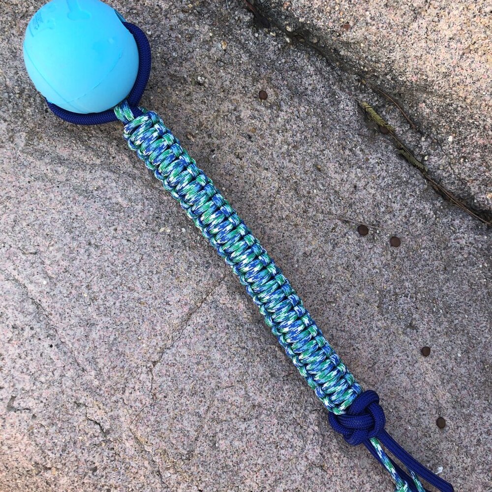 Dog Training Ball w/ Blue Paracord Handle Fetch & Reward Toy 2.5" Ball 12" Rope